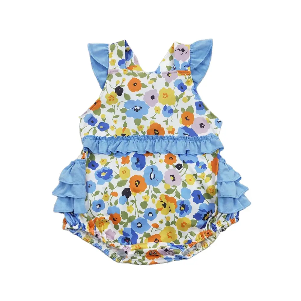 RTS Bébé Filles Nouveau-Né Nourrissons Bleu Floral Volants Bulles Tissu Doux Boutique D'été En Gros Boutique De Mode Barboteuses