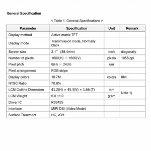 หน้าจอ LCD ขนาดเล็กความละเอียดสูง1600x1600 2.1นิ้วขนาดหน้าจอ500 CD/M2 MIPI Display LCD Cutting Screen - Product Image 5