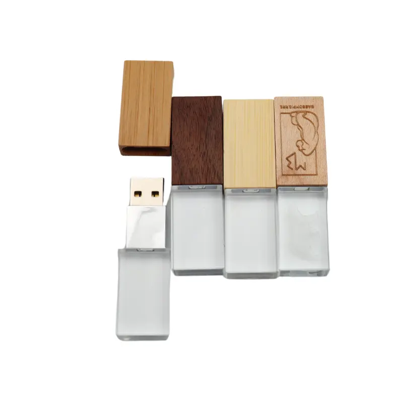 Ahşap kristal USB Flash sürücü 1GB 2GB 4GB 8GB 16GB Flash sürücüler LED ışık baskı logosu fotoğraf USB 2.0 3.0 Pendrive sopa