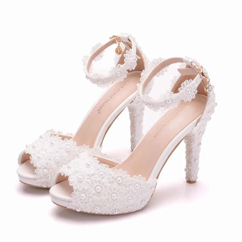 BS049-Sandalias de plataforma para mujer, zapatos de tacón alto impermeables de encaje blanco para boda, Punta puntiaguda, Peep Lace con flores y perlas