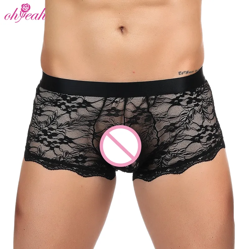 Sexy Black Lace Strappy Male Shaping Padded Boxer Briefs Panties Enhancer Push Up Formed Men Underwear Gay Lingerie