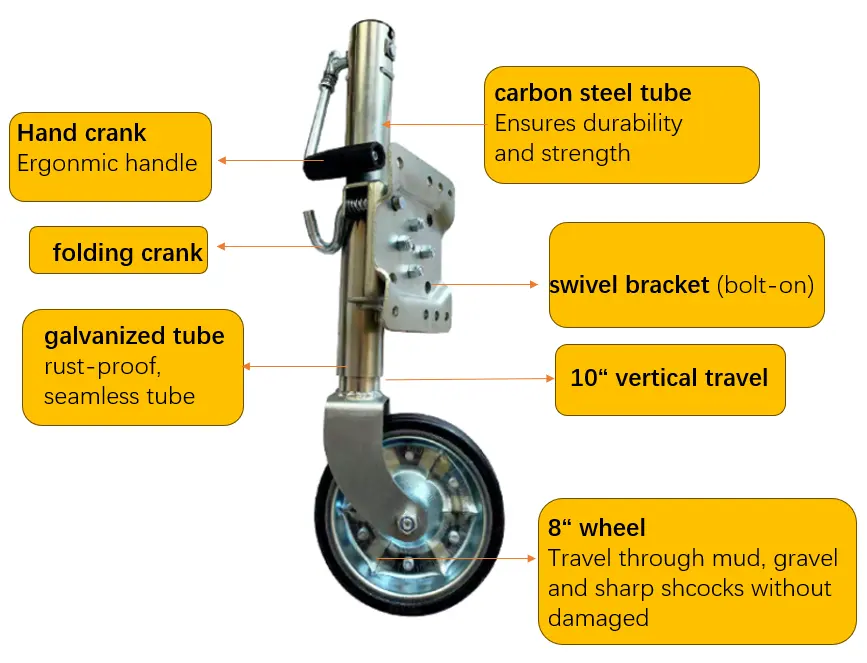 Folding 1500lbs reboque jockey roda com 8 "roda sólida giratória até reboque jack com suporte caravana barco reboque jockey roda