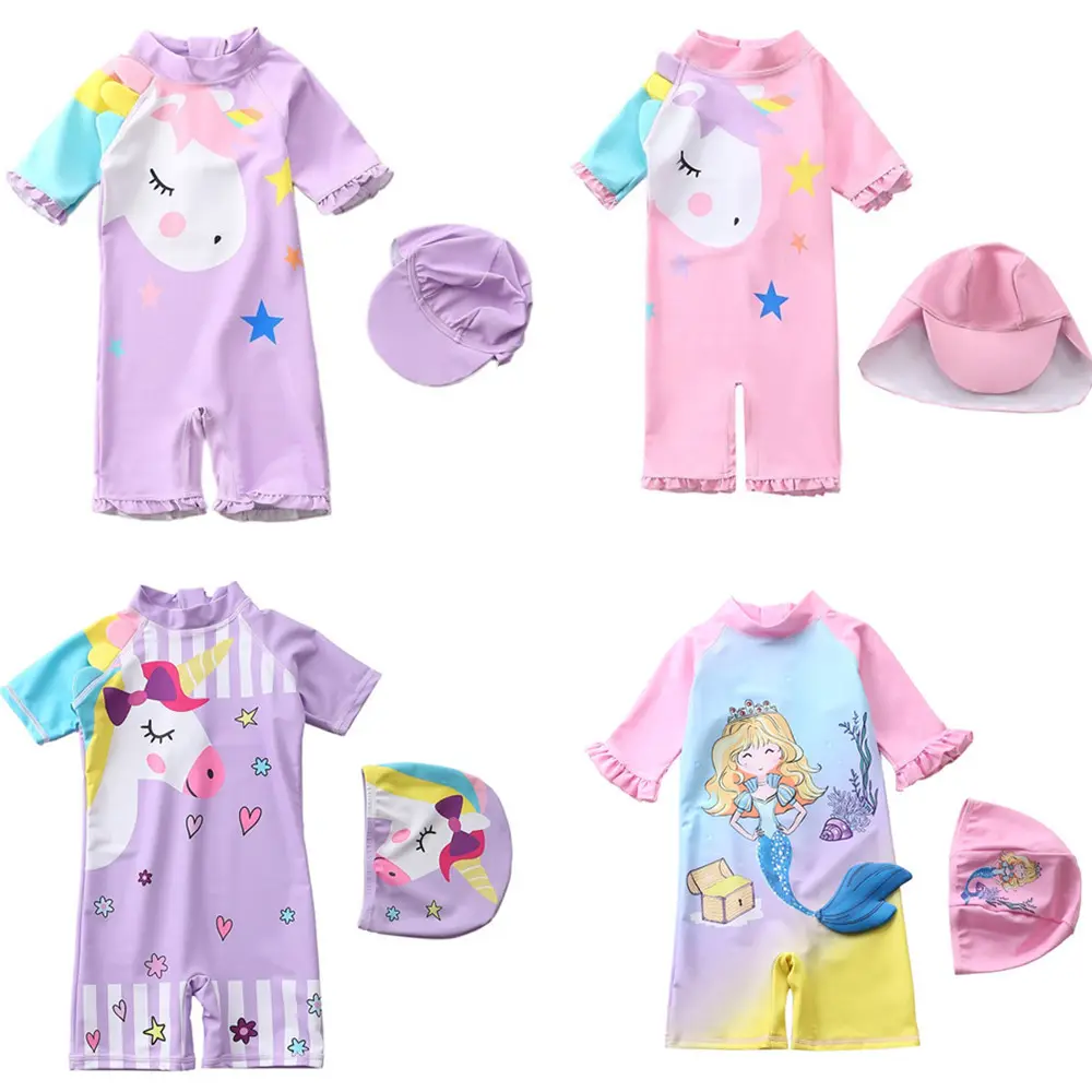 Grosir Kapal Cepat Anak-anak Gadis Kecil Lucu Kartun Unicorn Putri Duyung Dicetak Pakaian Renang One Piece dengan Topi Renang Beachwear Pakaian Renang