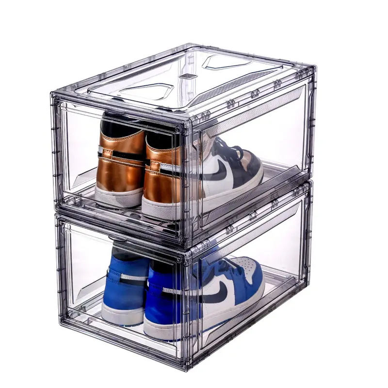 أحدث صناديق رياضية بلاستيكية شفافة قابلة للتكديس لتخزين الأحذية صندوق ممغنط من النوع من الأمام