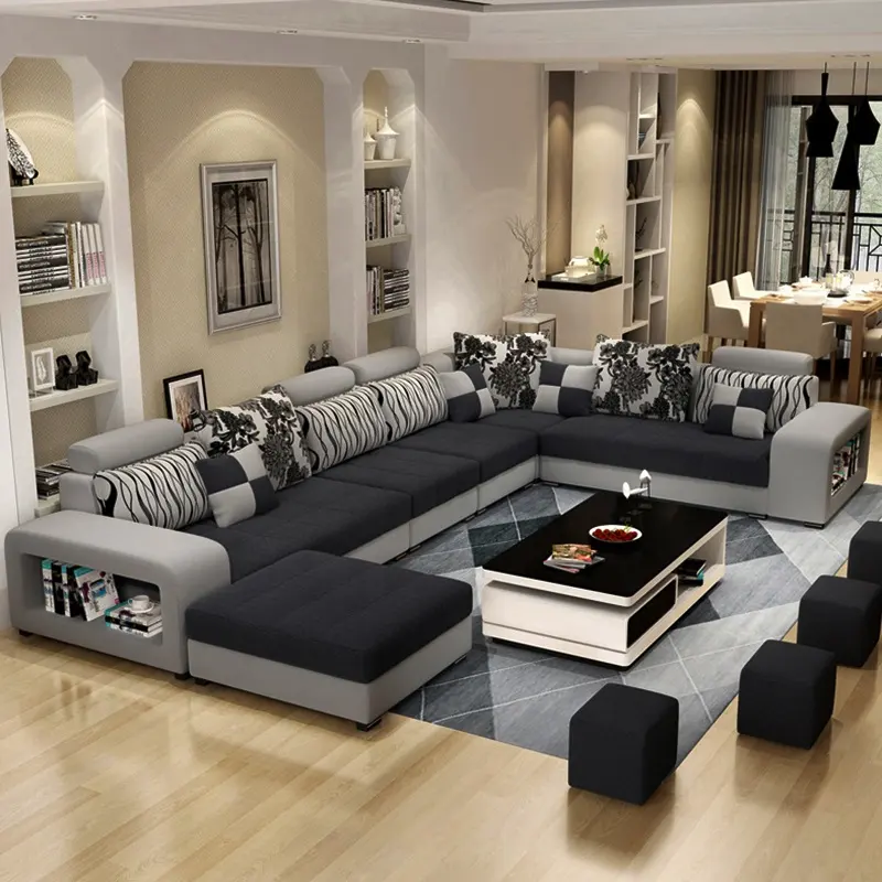 Sofás de lujo con carga USB, cama en forma de U, muebles seccionales de 7 plazas, tela europea moderna, sala de estar
