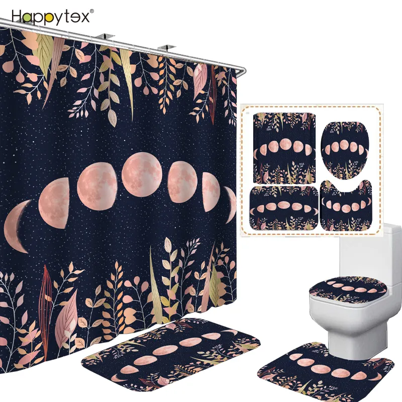 Hot Sale Custom Pattern Waterproof Printing Mildew Resistant Bathroom Sets With Shower Curtain And Rugs With 12 Plastic Hooks