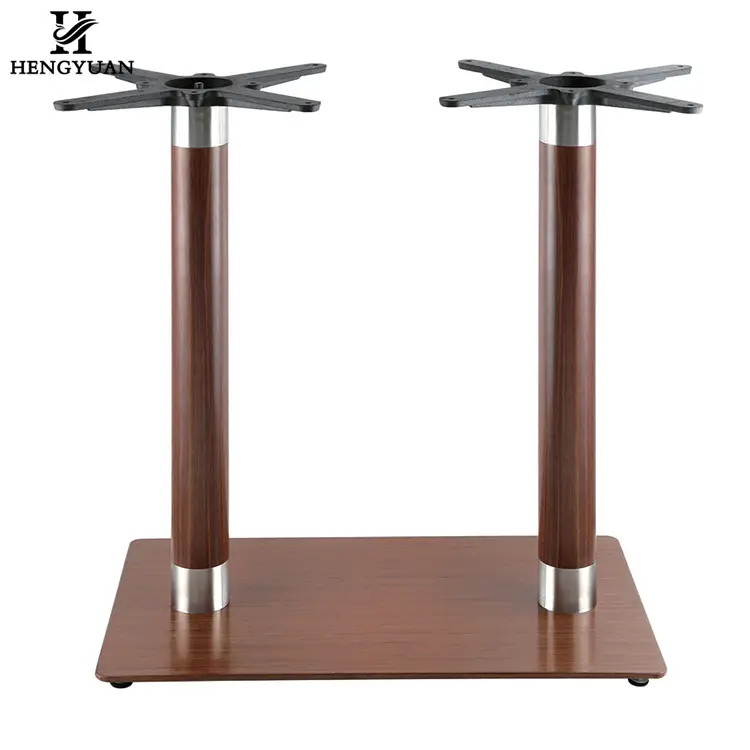 Mesa de comedor de metal personalizada, diseño Simple de grano de madera, base de hierro, pata de mesa doble