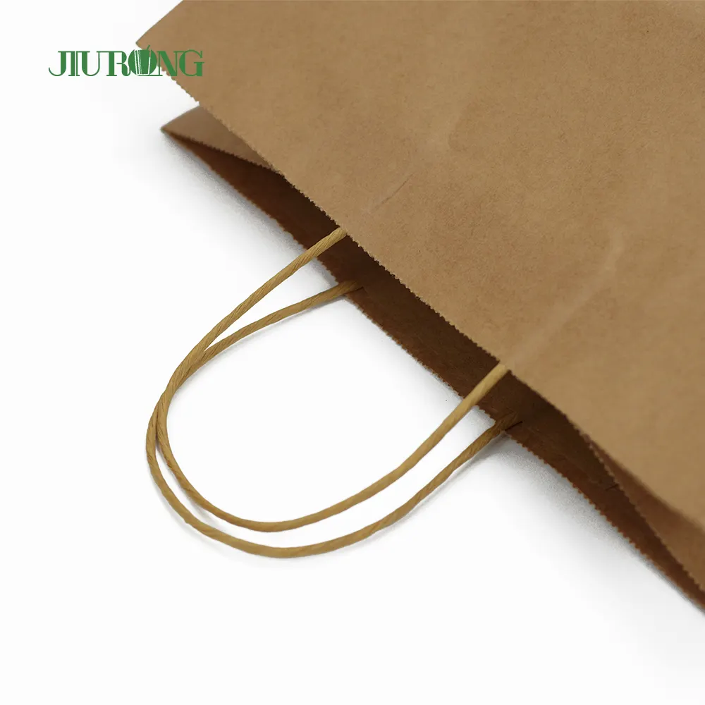 Tas belanja hadiah mudah terurai cetak kustom dengan pegangan, kemasan kantong kertas kraft coklat