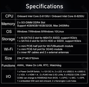 Sin ventilador Industrial X86 Mini PC I5 8250u I3 8130u 2xi225-v 2,5G Lan 6COM GPIO HD VGA 4USB3.0 4USB2.0 4G WiFi Robusto Itx Computadoras - Product Image 5