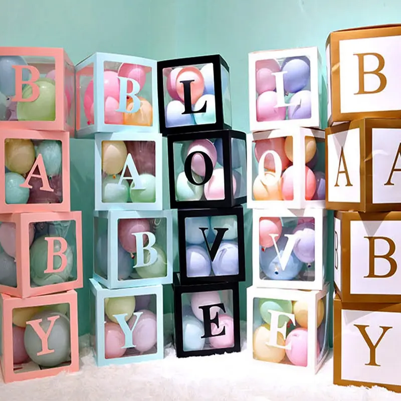 Caixa de bolas para decoração, bolas transparentes de decoração para bebês, casamentos, decoração com janela de letras e balões