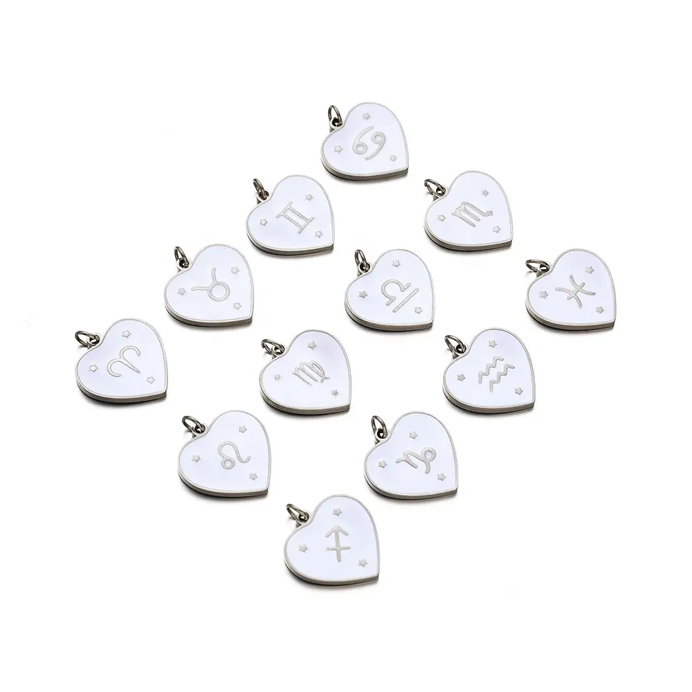 2023 Fashion Heart Pendant in acciaio inossidabile appannamento gratuito piccolo segno smaltato moneta ciondoli zodiacali Charms per la creazione di gioielli