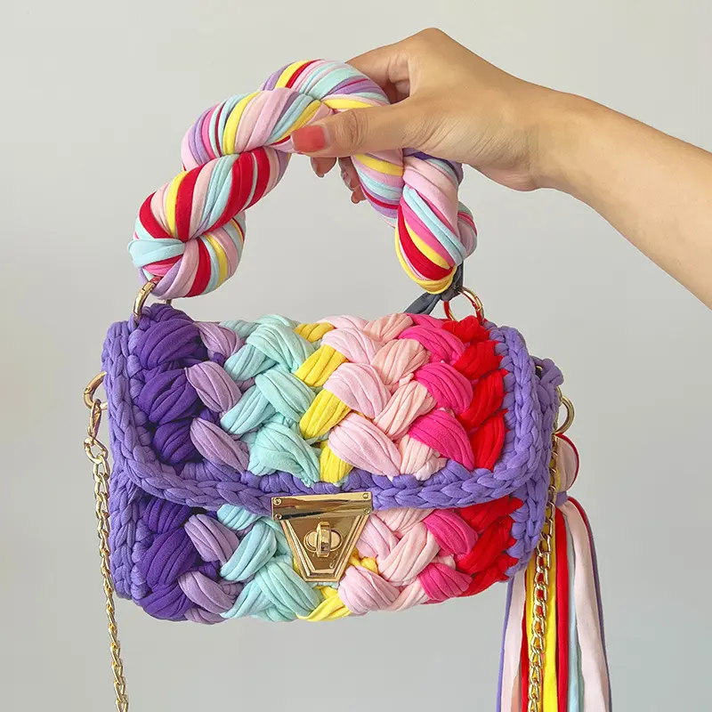 INS Hot Sale DIY Yarn Crochet Women Handbag Hand Woven Multi Color Handbags Beach Yarn Purse