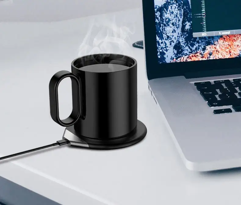 Personalización Taza de cerámica 12V/1.5A negro blanco recto bebida autocalentable taza de café de cerámica con tapa