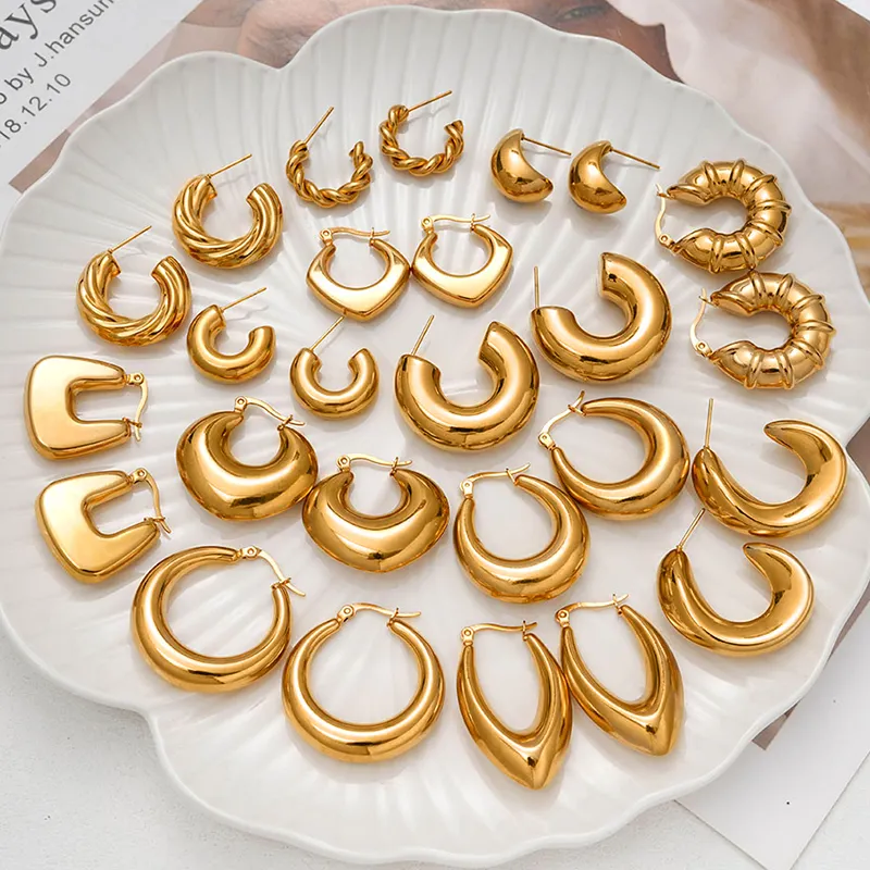 Women Hypoallergenic Earrings Stainless Steel 18k Gold Plated Waterdrop Screw Twisted C-shape Hoop Earrings Non Tarnish Jewelry