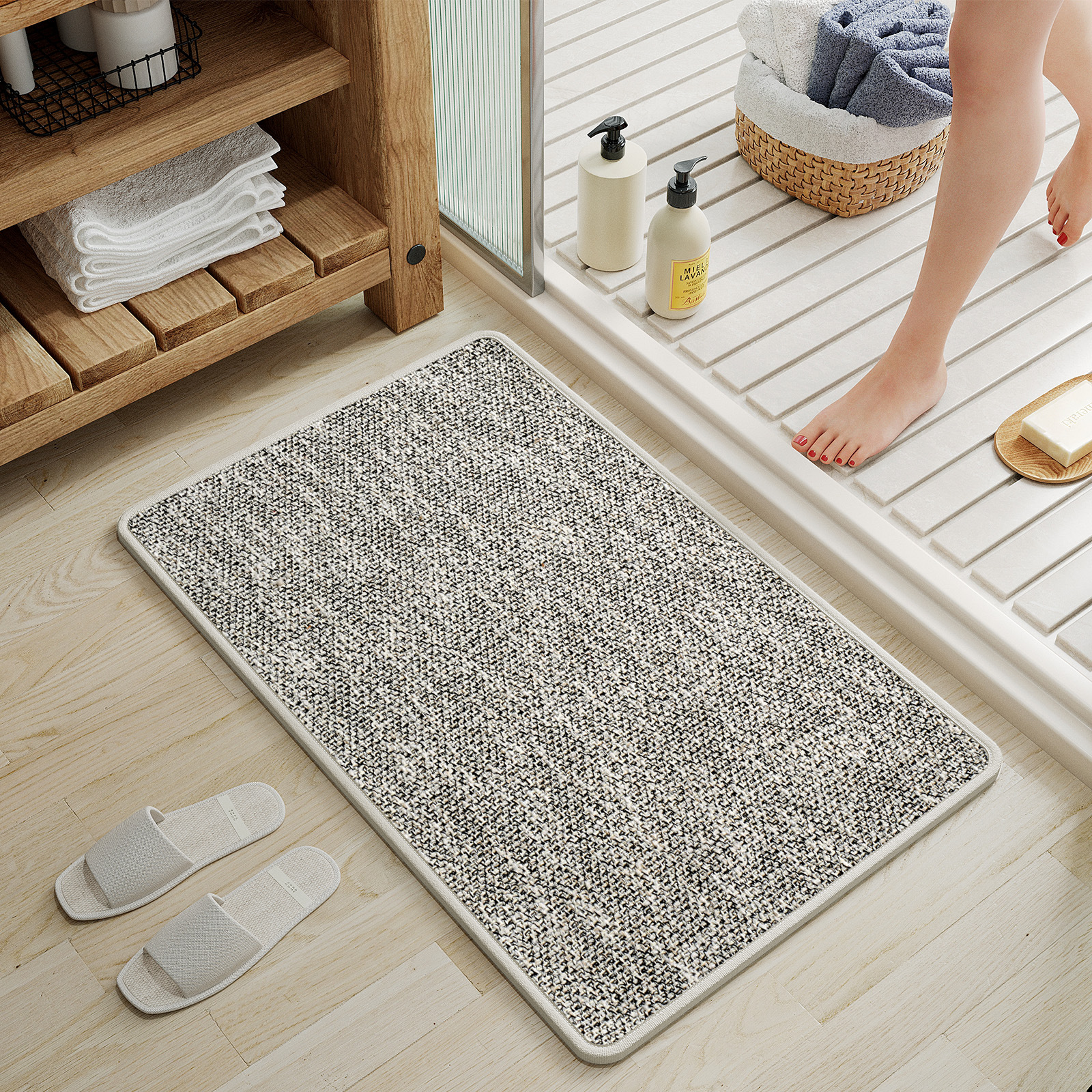 Tapis de bain en polyester et lin - riz minimaliste