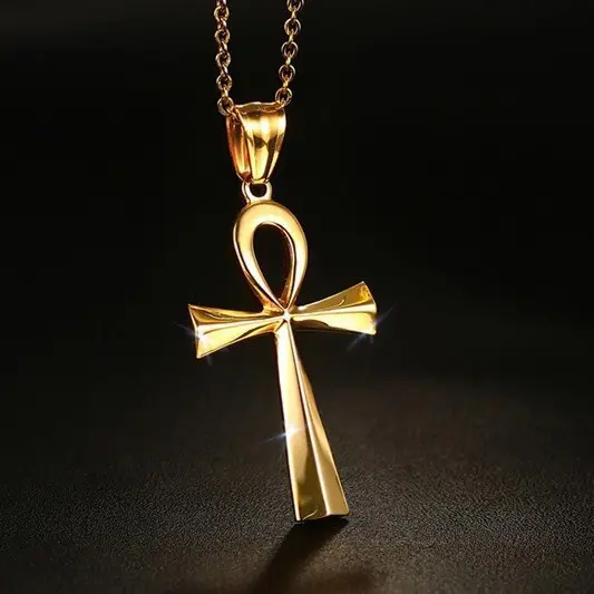 No Fade Religious Jewelry Custom Hip Hop Gold Plated Stainless Steel Cross Egyptian Symbols Pendant Necklace Jewelry