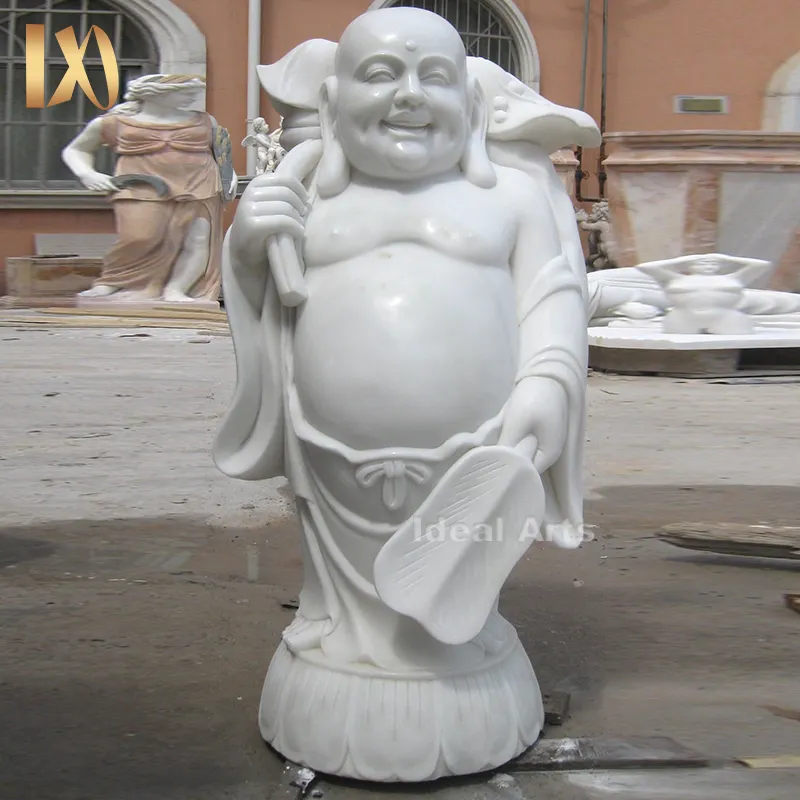 Ideal Arts cute big maitreya che ride buddha garden statue scultura in pietra di marmo bianco di grandi dimensioni buddha grasso