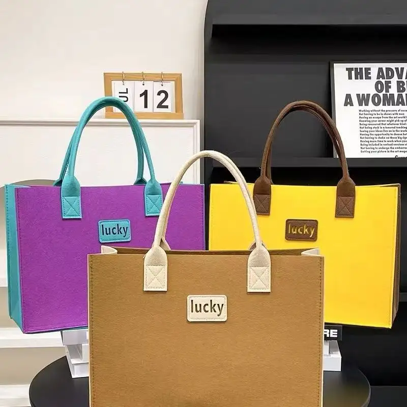 Wholesale Hot Selling Custom Color High-capacity Color Block Felt Tote Bag Gift Shopping Bag For Traveling