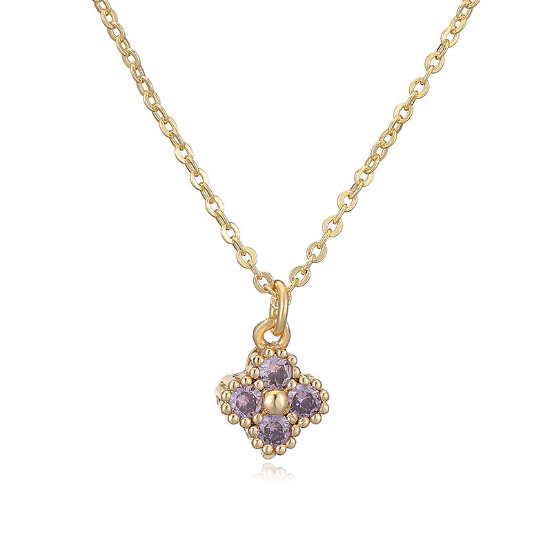 Collier trèfle à quatre feuilles en diamant violet doré avec mot en O
