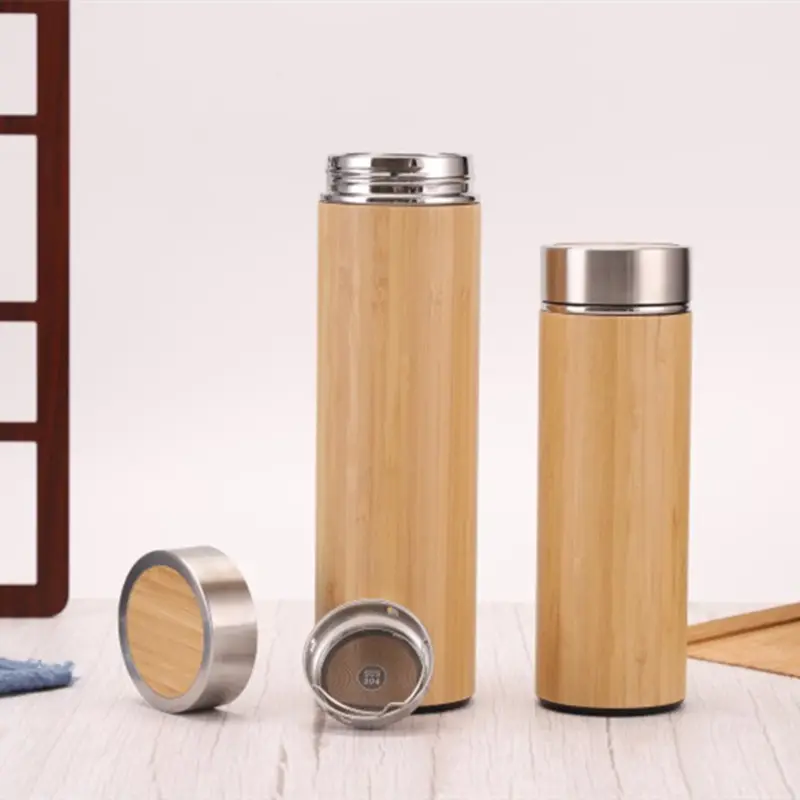 Bouteille d'eau en acier inoxydable en bambou naturel personnalisé Offre Spéciale 500ml flacons sous vide thermos couvercle sans BPA
