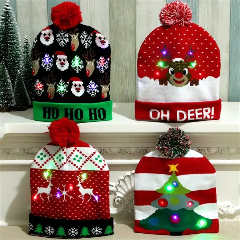 Promozione elettrico artware vacanza decorativo inverno i disegni della miscela lavorato a maglia LED lampeggiante cappello di natale