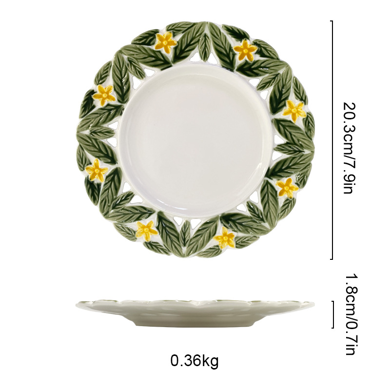 Yellow 8 inch green leaf plate hollow