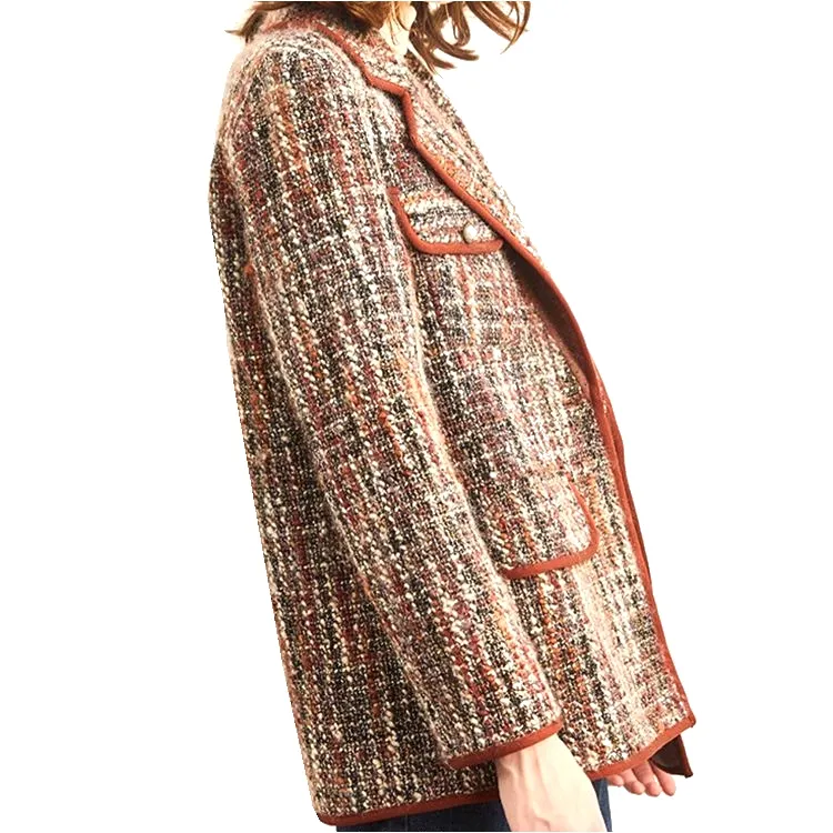 Blazer da donna in misto lana con risvolto in tweed da donna capispalla blazer vintage scozzese sopra le dimensioni femme