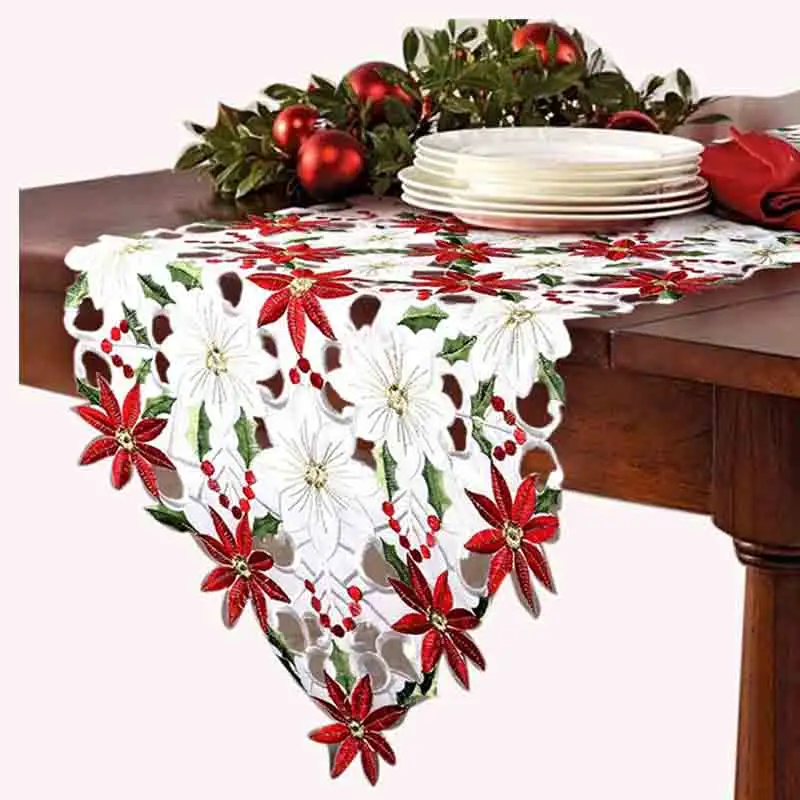 Caminos de mesa bordados de Navidad, camino de mesa de lujo de Poinsettia y acebo para decoraciones navideñas, 38x175cm