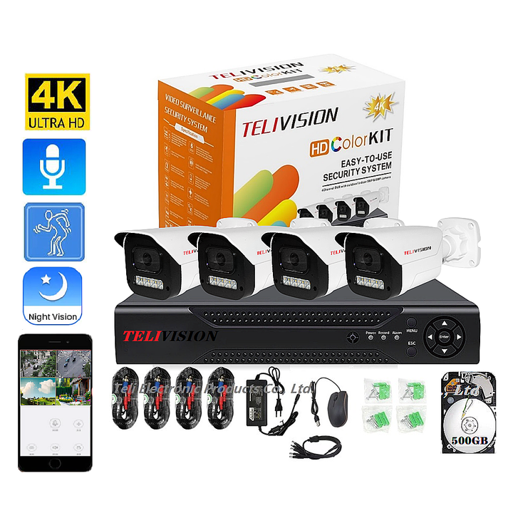 New Camera System Good Quality 3MP 5MP Full Color Night Vision Audio Waterproof IP66 4 Camera 500GB