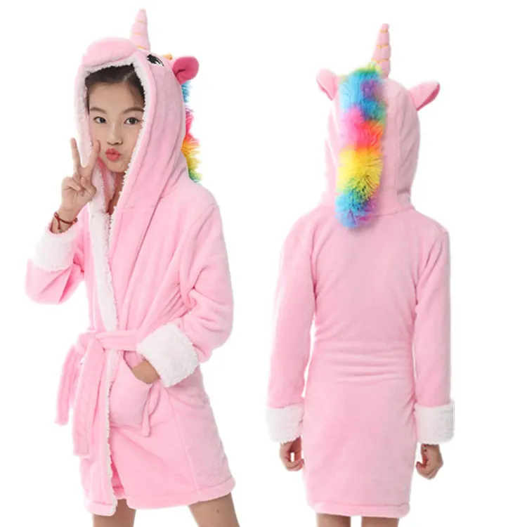 Kids Unicorn Party Costume Dress hooded cartoon design bathrobe plush flannel fleece animal pajama for girls