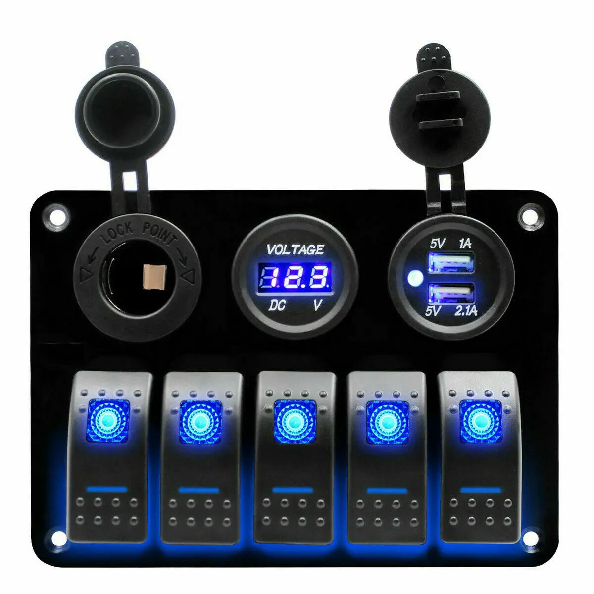 Panel de interruptor basculante LED de 5 entradas para coche, barco marino, con voltímetro y caja de fusibles, enchufe con ranura USB Dual, pantalla Digital de voltaje, 12V