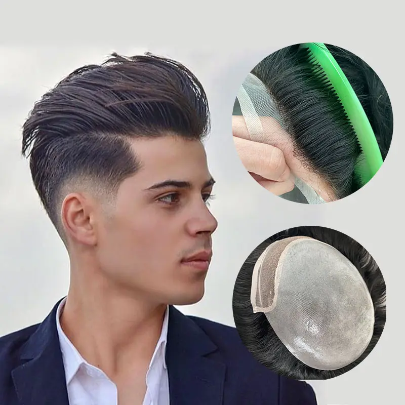 En stock, perruques de prothèse de toupet nouées à la main en cheveux humains indiens 1b 8x10 pouces avec dentelle frontale de 6 pouces avec base bio en PU pour homme