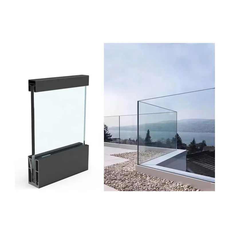 Barandilla de aluminio con Canal en U para escalera de vidrio sin marco barandilla Balcón de vidrio con Canal en U Balcón de vidrio sin marco
