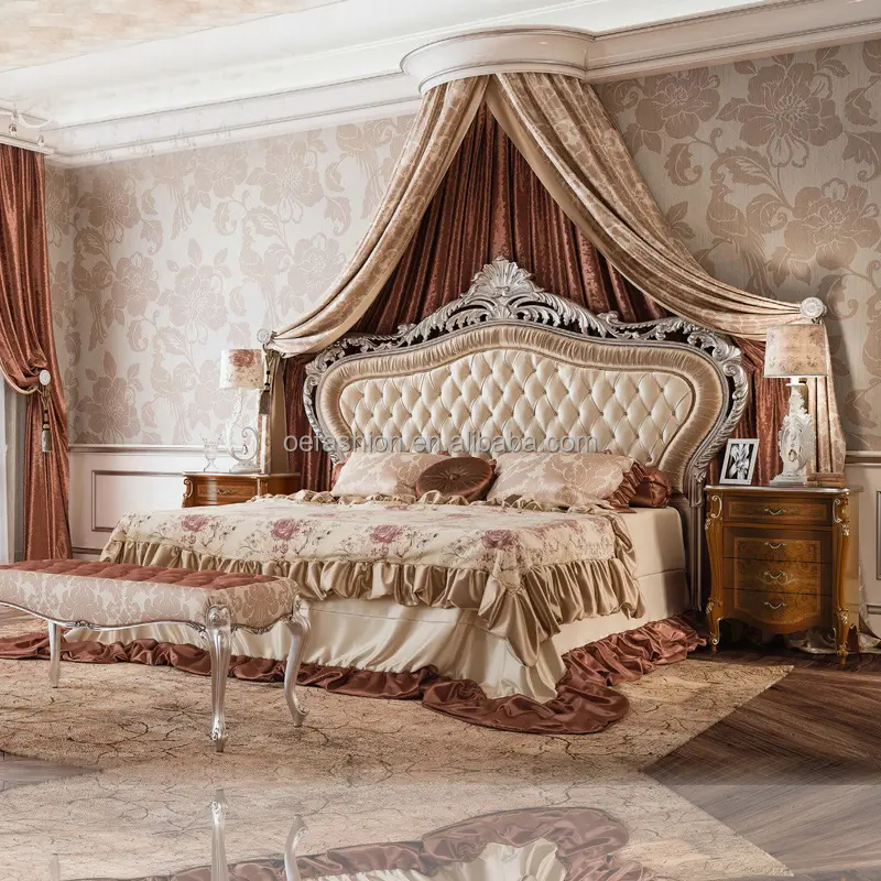 OE-FASHION مخصصة الملكي خشب متين نحت الكلاسيكية زر إطار سرير قماشي ل أطقم أثاث غرفة النوم