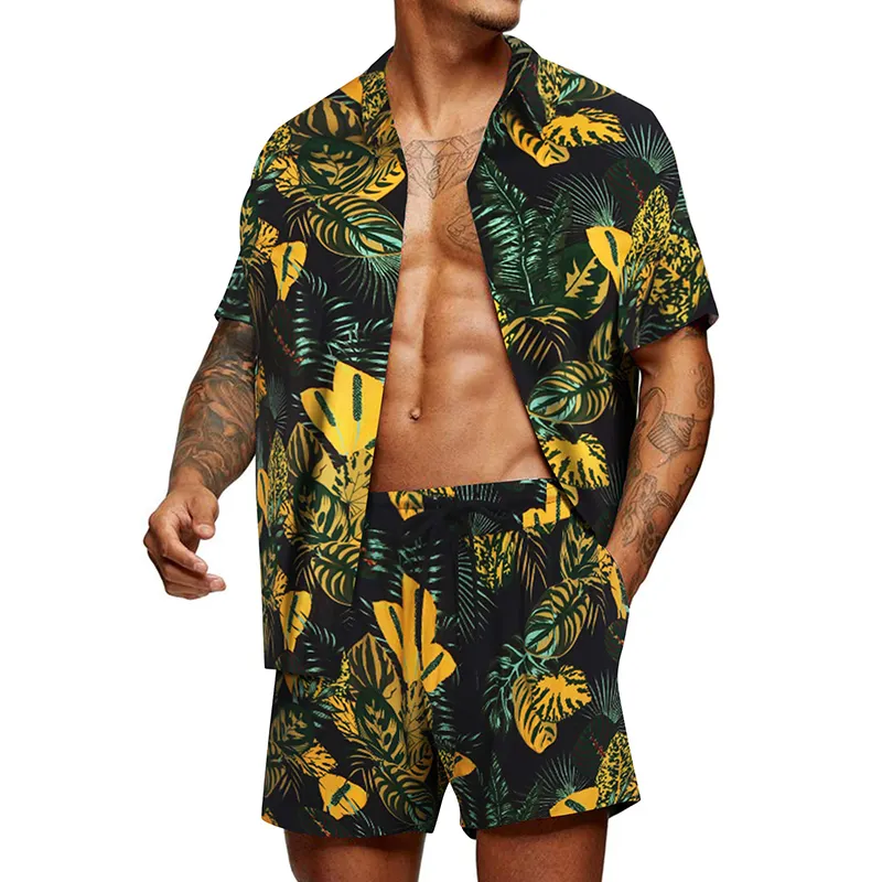 Maiô masculino de secagem rápida, roupa de banho personalizada para praia, verão, 2 peças, camisas e shorts de flores, roupa de banho para homens