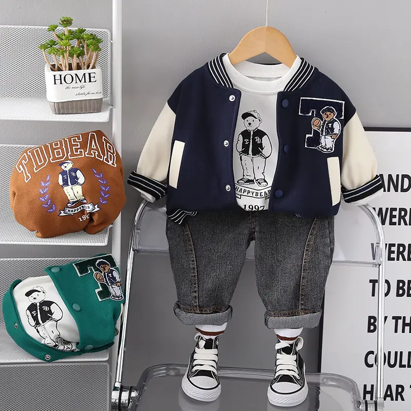 Baby Autumn Bear Baseball Suit 2023 New Children's Three-piece Set Handsome Boys' Clothes 4-year-old Trendy
