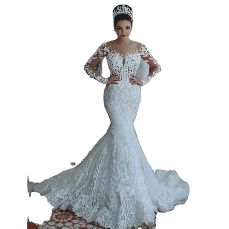 2024 lüks dantel el boncuklu artı boyutu afrika denizkızı kuyruğu gelin kıyafeti düğün elbisesi