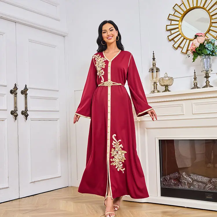 Elegante nahost-Damenbekleidung Herbst gürtelnd muslimisch Dubai-Kleid Front geschlossen Abaya Abendkleid
