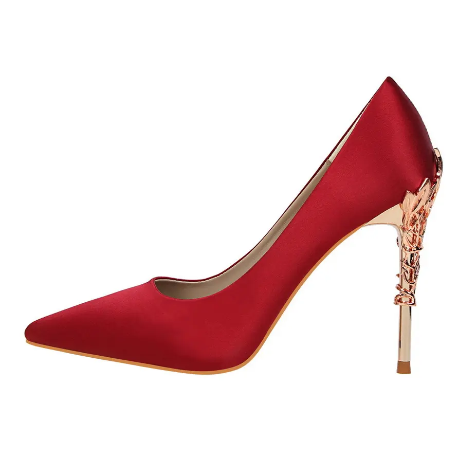 Fashion Korean Style Luxury Leather Stiletto High Heels Ladies Metal Heel Pumps Shoes Red Color