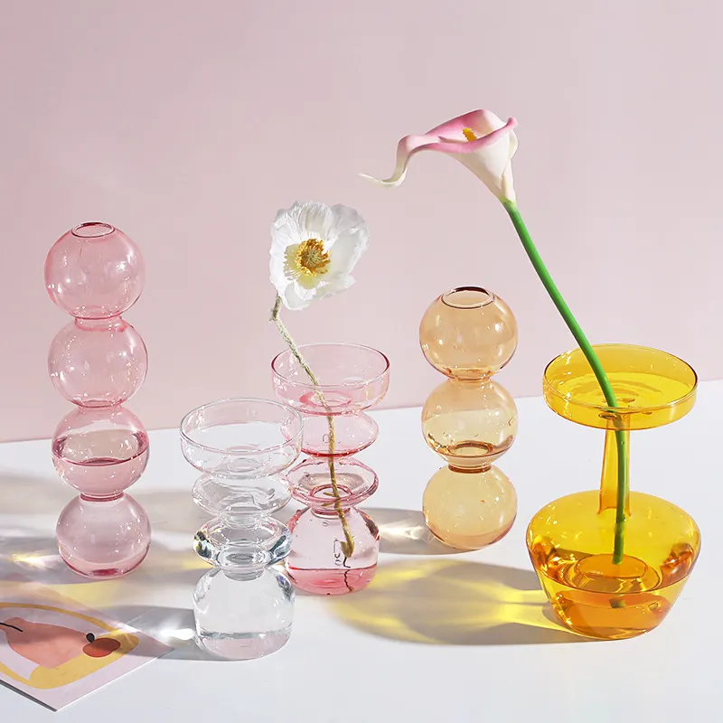 Vase en verre de couleur moderne et créatif, ambre rose clair, bouteille en verre, boule hydroponique, vase à fleurs d'art, décor à la maison