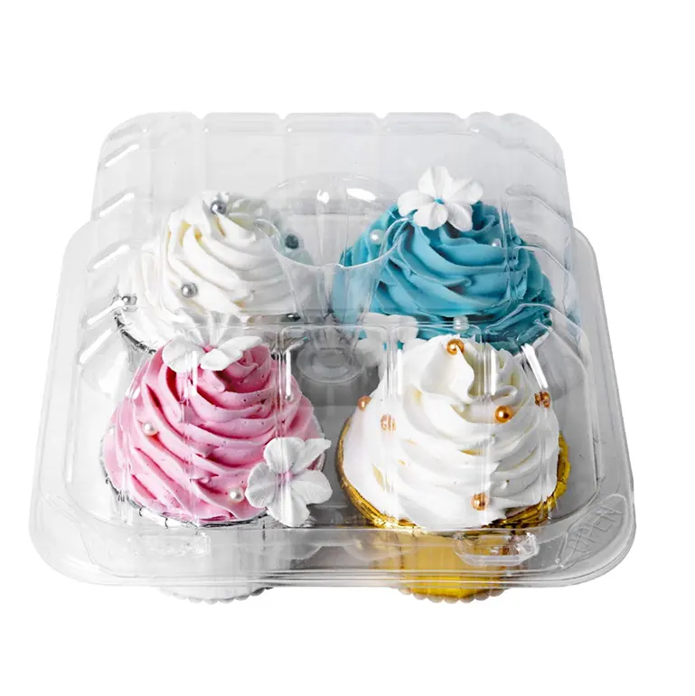 Plastic Wegwerp Hoge Koepel Doorzichtige Cupcake-Dozen Voor 4 Cupcake-Houders In Compartimenten Met Deksel