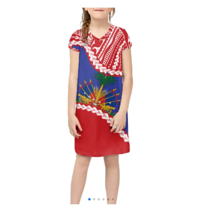 Promocional transpirable al por mayor personalizado Vintage Haití bandera vestido haitiano niños vestidos para niñas vestidos 2-12 niños ropa