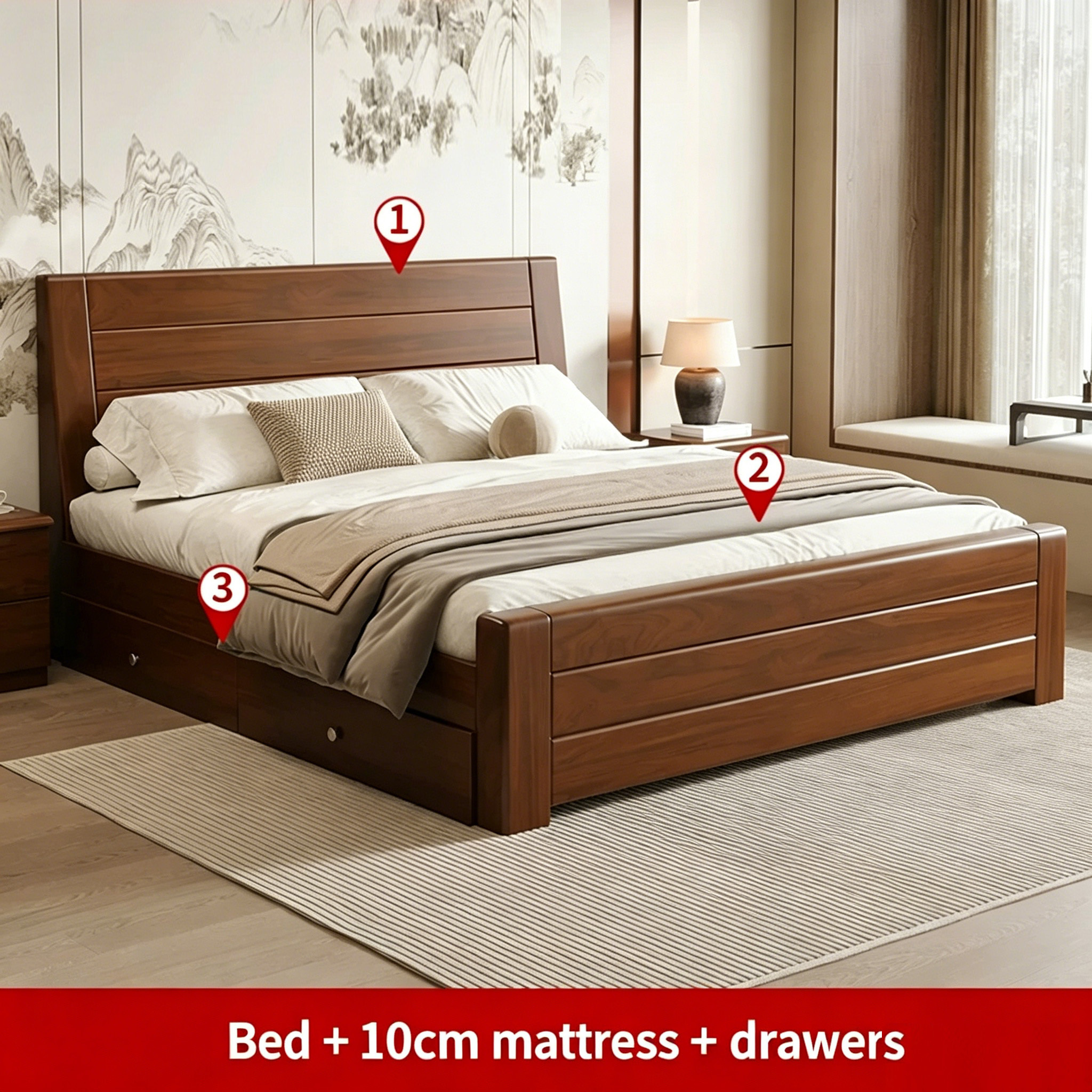 Cama, colchón de +10cm + cajones