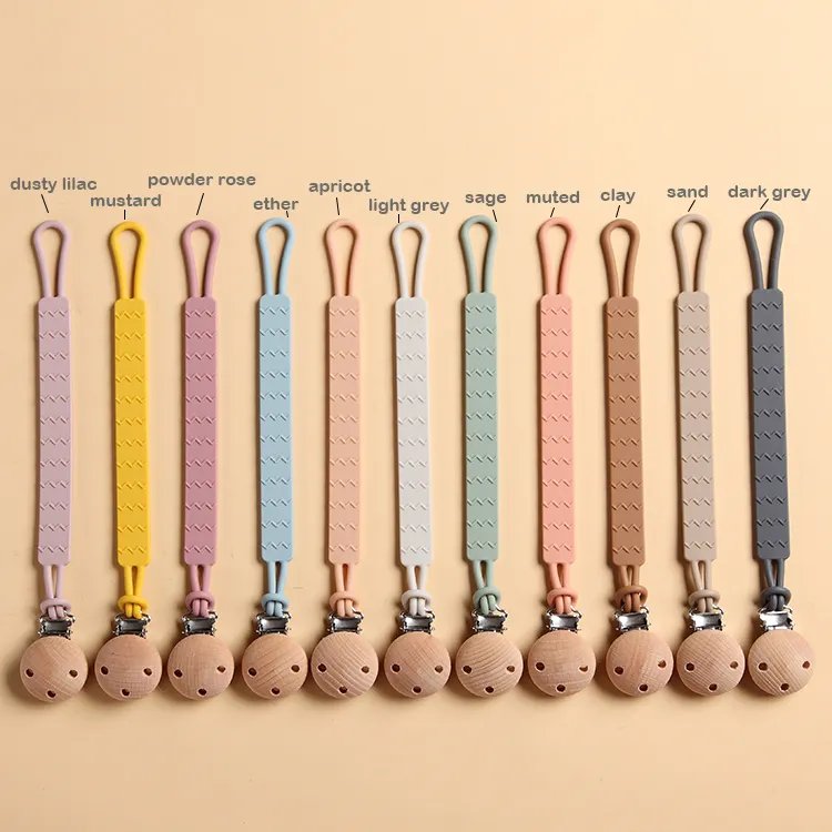 Bán buôn Muti màu BPA free Pacifier Clip Chain Silicone mọc răng bé núm vú bằng gỗ Clips cho trẻ em