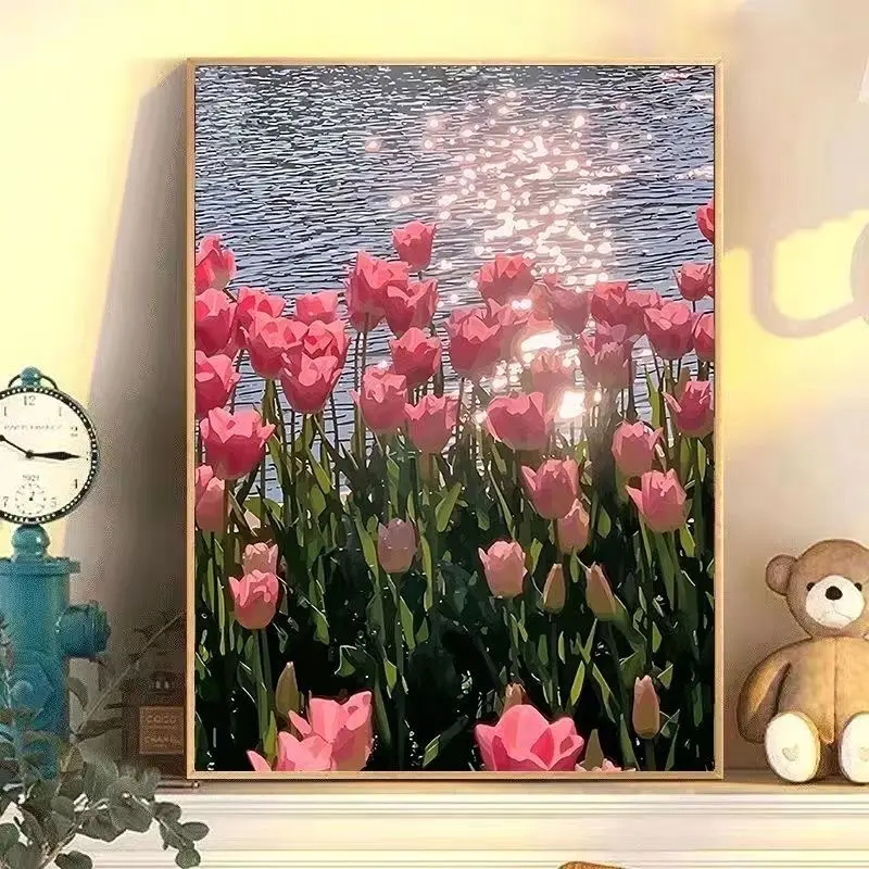 Venta al por mayor lienzo abstracto Diy tulipán pintura por número Kits pintura al óleo flores conjunto para el hogar arte de la pared