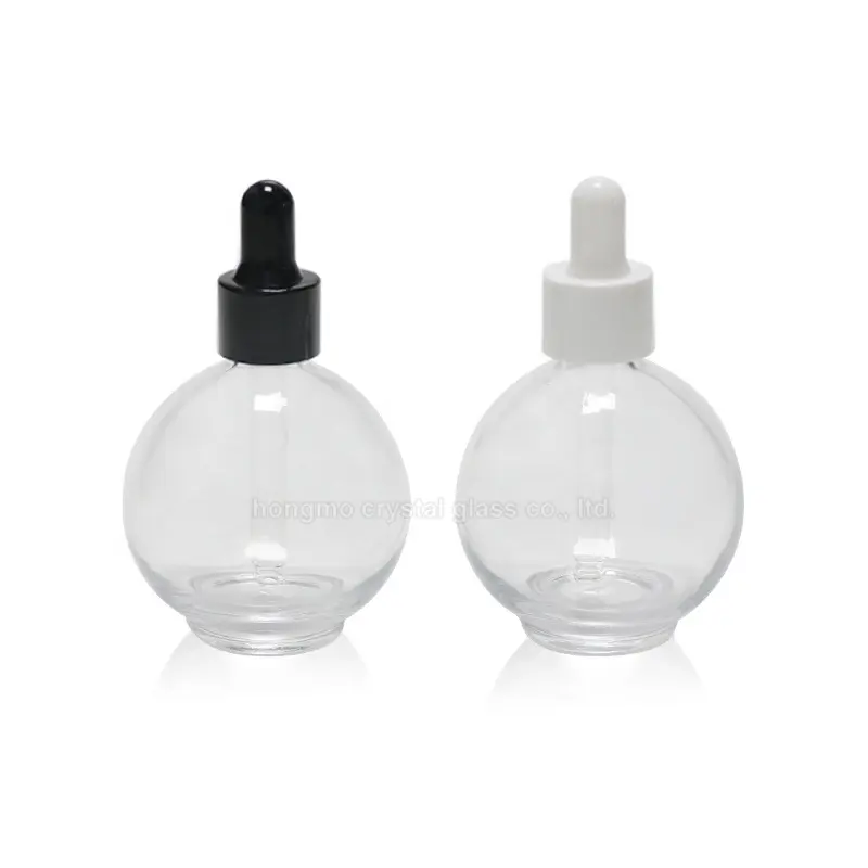 Vuoto forma di palla rotonda trasparente in vetro cosmetico 70ml 75ml bottiglie di olio essenziale con contagocce, tappo di gomma bianca top per olio per cuticole