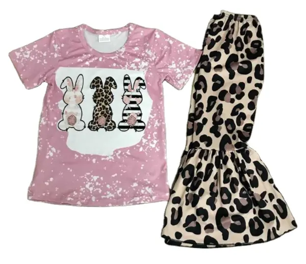 Leopard pant com manga curta top roupas de Páscoa Hot sale New Design menina roupas 6-12 anos crianças