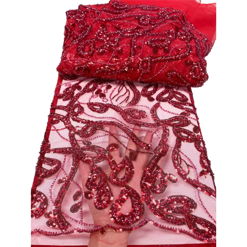 Chenlee-Bordado de encaje con lentejuelas para boda, telas Rojas, tejido de tul nigeriano