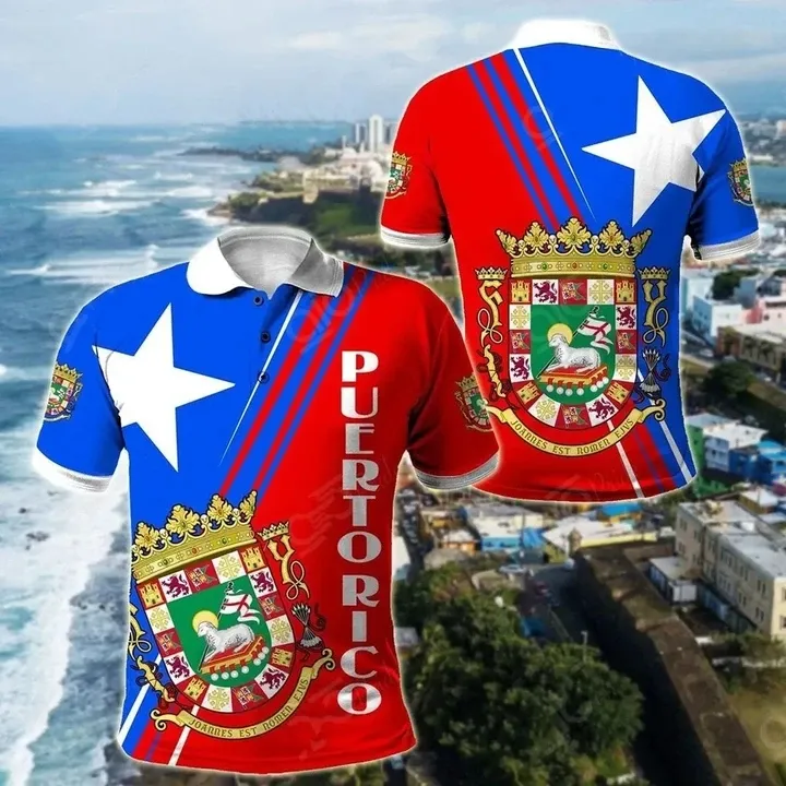 Polo de manga corta con Logo personalizado para hombre, Polo de talla grande con símbolo de escudo de brazo de Puerto Rico, de buena calidad, informal