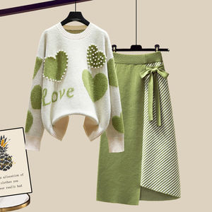 ชุดสูทผู้หญิงเสื้อสเวตเตอร์ทรงหลวมหัวใจหวานชุดแฟชั่น2ชิ้นสำหรับฤดูใบไม้ร่วง - Product Image 1